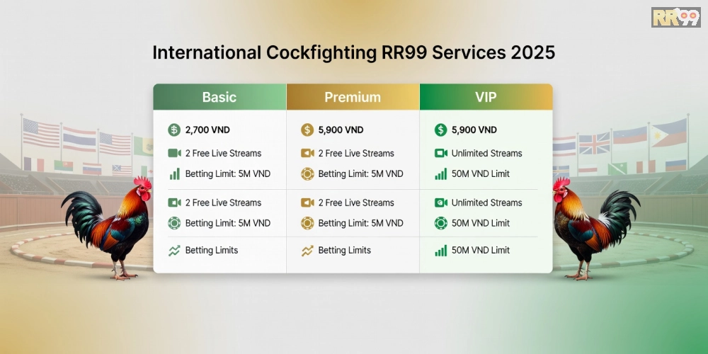 Hình ảnh bảng giá chi tiết các gói dịch vụ đá gà quốc tế rr99 cập nhật năm 2025 với ưu đãi hấp dẫn