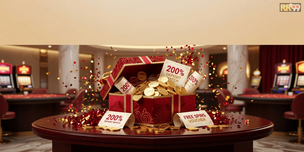 Minh họa quà tặng sinh nhật hấp dẫn từ chương trình khuyến mãi rr99 với hình ảnh hộp quà lấp lánh và tiền thưởng