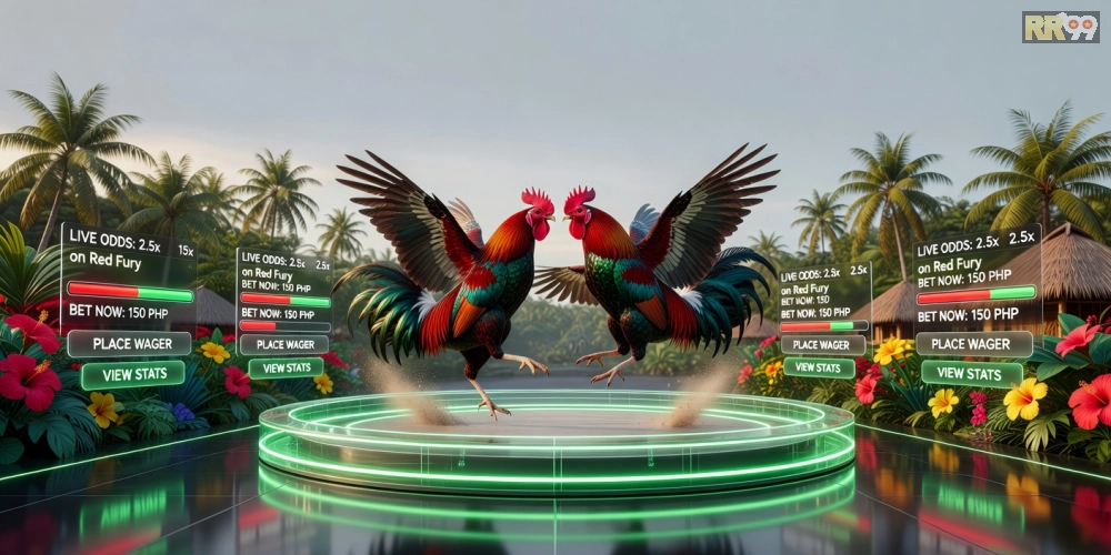 Minh họa khái niệm đá gà chọi rr99 với hình ảnh trường đấu trực tuyến hiện đại