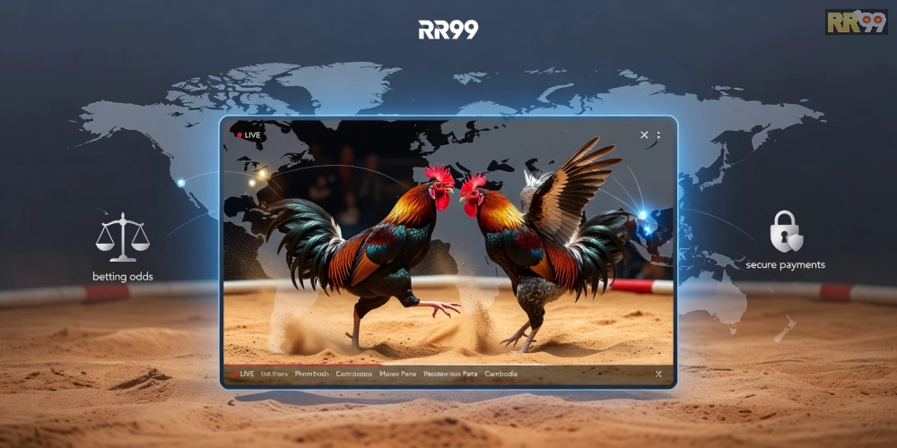 Minh họa khái niệm đá gà quốc tế rr99 với hình ảnh trường gà hiện đại và giao diện cá cược trực tuyến