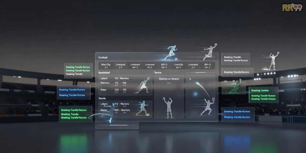 Minh họa khái niệm 24h thể thao rr99 với giao diện cập nhật tin tức thể thao thời gian thực.