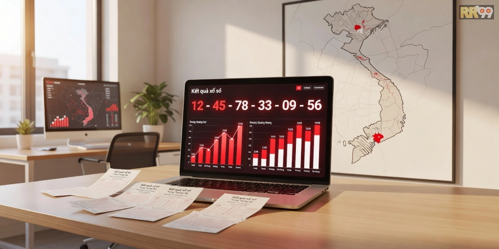 Ảnh minh họa kết quả xổ số miền trung rr99 với biểu đồ thống kê và vé số kỹ thuật số
