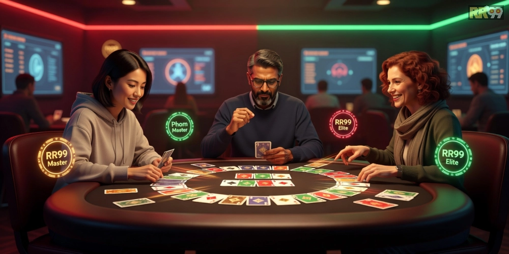 Hình ảnh minh họa trò chơi Phỏm trên nền tảng rr99 với bàn chơi ảo và biểu tượng phần thưởng.