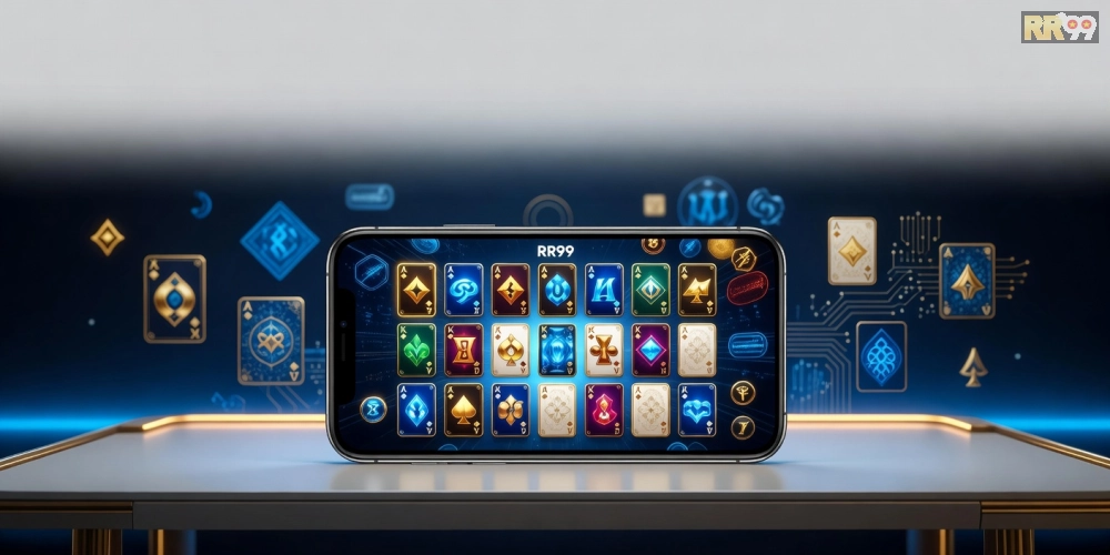 Khái niệm tải game bài rr99 được minh họa qua giao diện ứng dụng hiện đại và các trò chơi bài phổ biến
